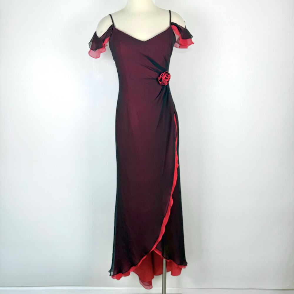 Dolce Jovani Silk Maxi Slip Dress Layered Black/Red Size 10 Vintage Whimsical - Picture 2 of 14